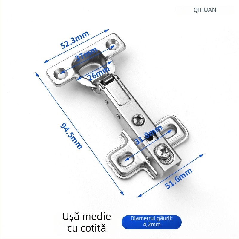 Balama pentru ușă de dulap cu amortizor hidraulic pentru deschidere silențioasă, corp din oțel laminat la rece, finisaj nichelat, pentru uși din lemn