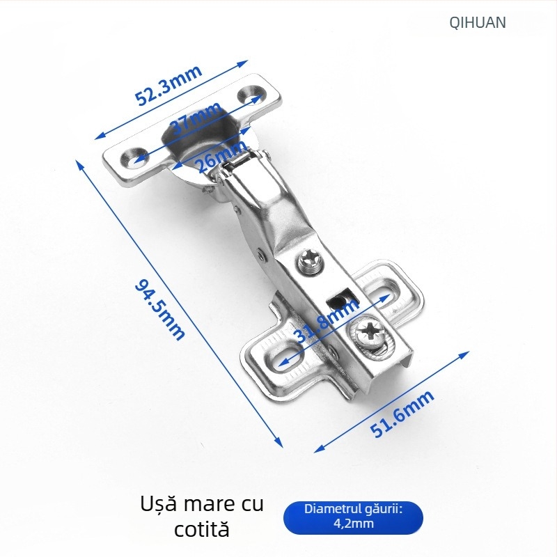 Balama pentru ușă de dulap cu amortizor hidraulic pentru deschidere silențioasă, corp din oțel laminat la rece, finisaj nichelat, pentru uși din lemn