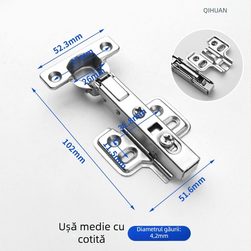 Balama pentru ușă de dulap cu amortizor hidraulic pentru deschidere silențioasă, corp din oțel laminat la rece, finisaj nichelat, pentru uși din lemn