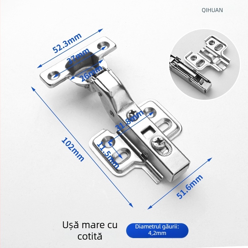 Balama pentru ușă de dulap cu amortizor hidraulic pentru deschidere silențioasă, corp din oțel laminat la rece, finisaj nichelat, pentru uși din lemn