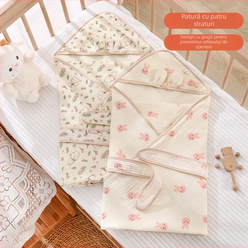 Pătură pentru nou-născuți, 4 straturi crepe, din bumbac pur, ușoară, sub 0,5 kg, pentru copii până la 1 an, primăvară-toamnă