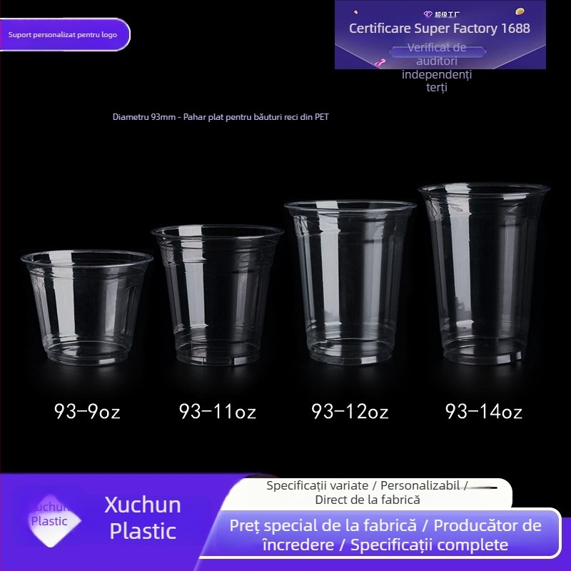 Cupa de cafea din plastic, de unică folosință — transparanță ridicată, rotundă, PET, 401–500 ml, model personalizabil, imprimare logo disponibil