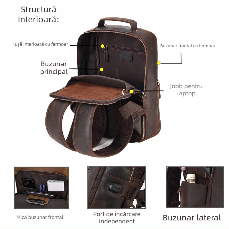 Rucsac din piele naturală pentru laptop de 15,6 inch, capacitate sub 20 L, USB, panou spate rezistent