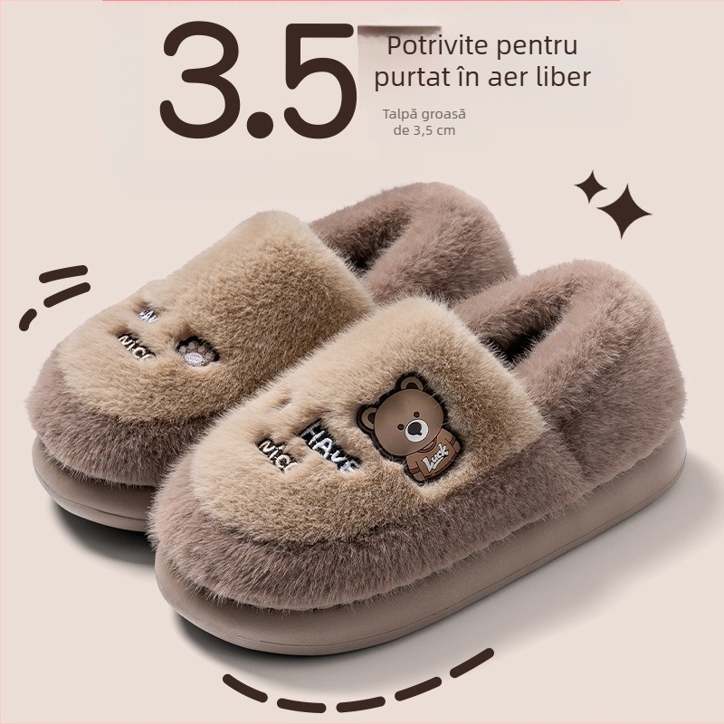 Papuci de interior pentru bărbați, talpă groasă, căptușeală din pluș, partea superioară din velur, talpă EVA, design drăguț animat, toamnă–iarna 2025