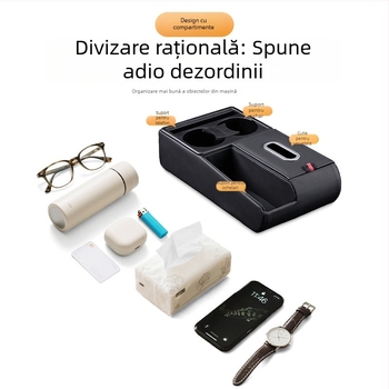 Pernă din piele pentru cotiera auto, universală, cu spațiu de depozitare, suport pentru șervețele și suport pentru pahare