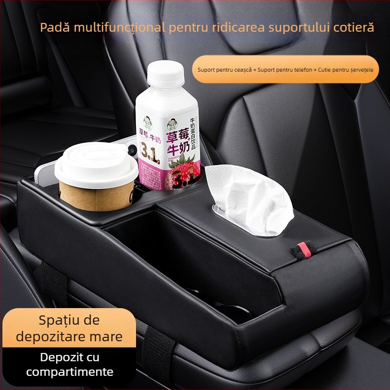 Pernă din piele pentru cotiera auto, universală, cu spațiu de depozitare, suport pentru șervețele și suport pentru pahare