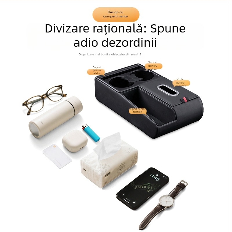Pernă din piele pentru cotiera auto, universală, cu spațiu de depozitare, suport pentru șervețele și suport pentru pahare