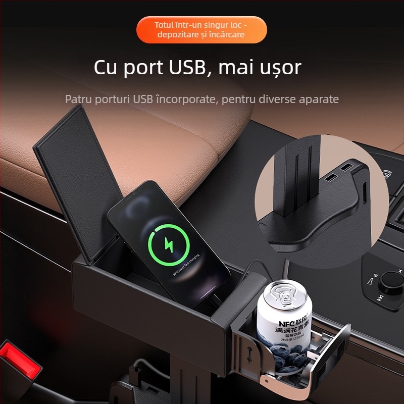 Perna centrală din piele pentru mașină, cutie de depozitare multifuncțională și suport pentru pahar, universală, personalizabilă