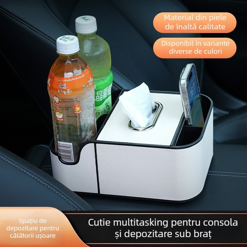 Box de depozitare din piele pentru cotiera – Organizator central multifuncțional (Compatibil cu toate modelele)