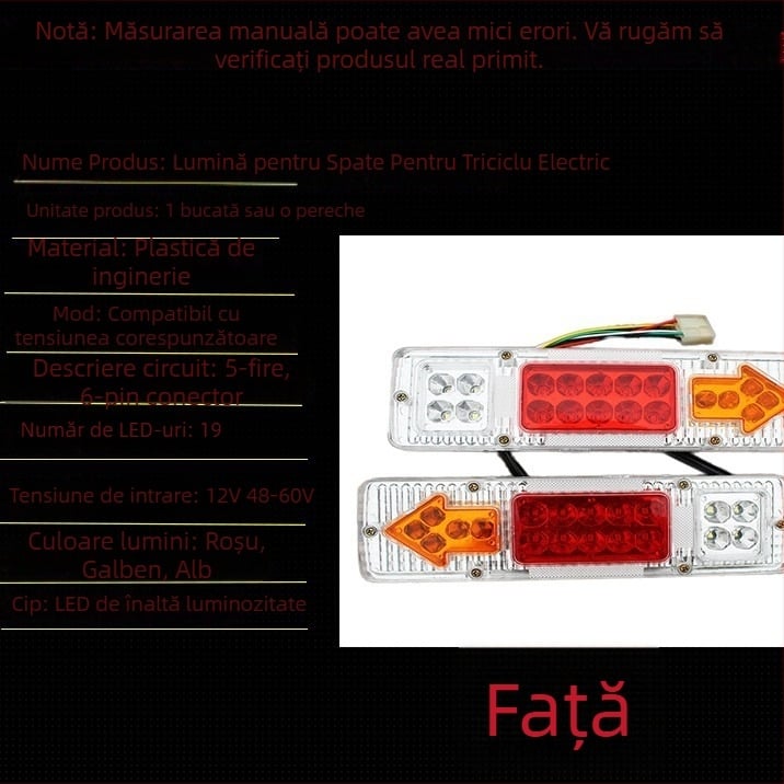 Lampă LED spate pentru triciclu electric, cu lumină de frână, semnalizare și lumină de mers – compatibilă 12V/48V/60V