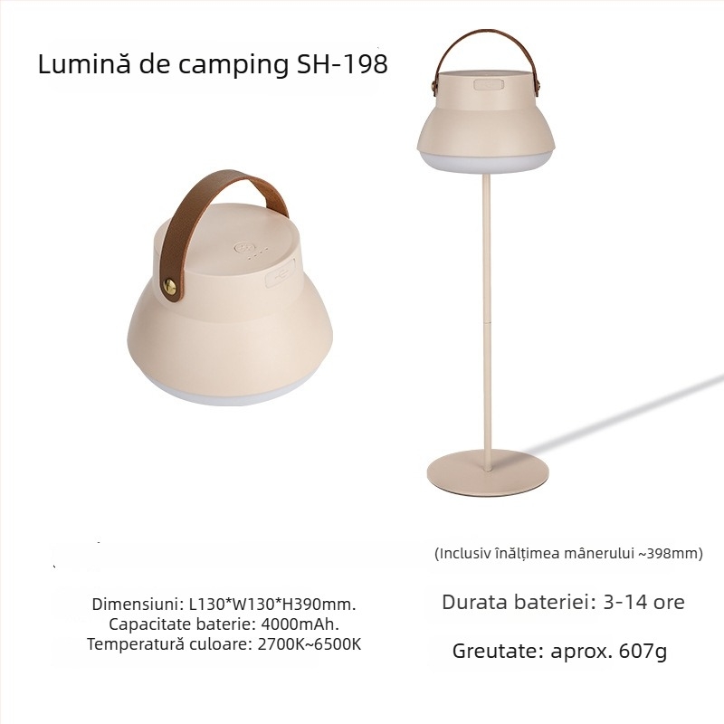 Lampă LED pentru camping, cu suport pentru agățat cortul, reîncărcabilă, 3.7V, 10W, întrerupător cu apăsare