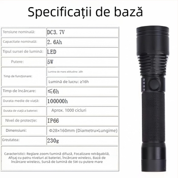 JW7632 Lanternă portabilă cu focalizare telescopică, LED Cree, încărcare wireless, baterie 18650, IP66, rază 200 m