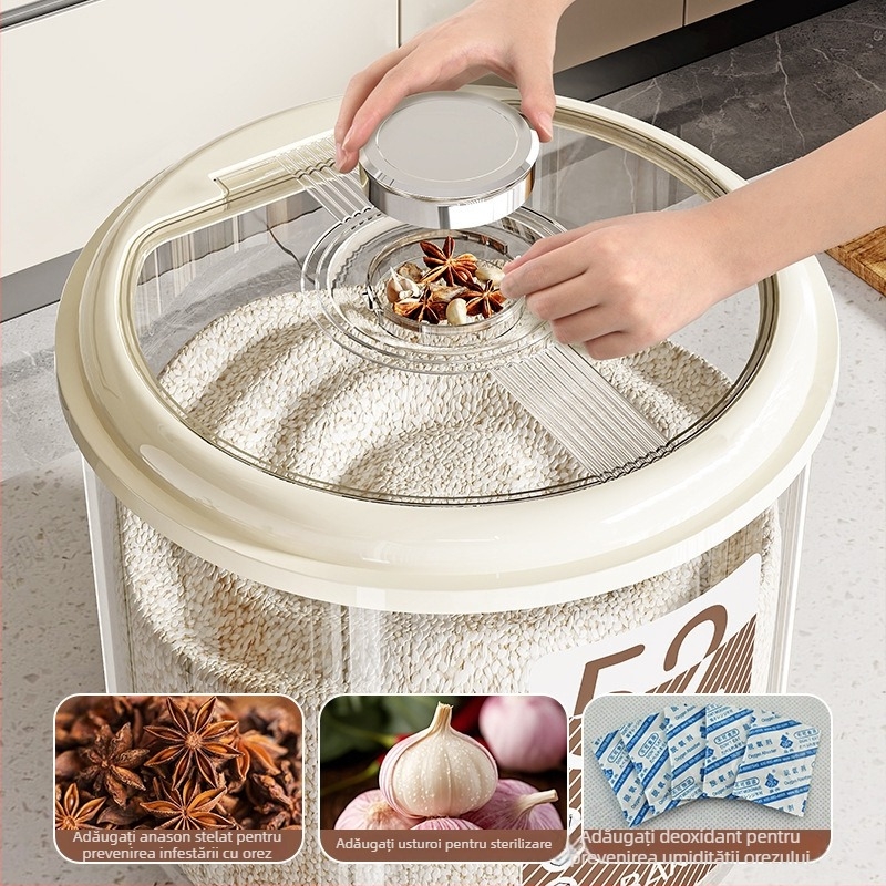 Cutie de depozitare pentru orez – etanșă, rezistentă la umezeală și dăunători, cu capacitate mare, rotundă din plastic PP