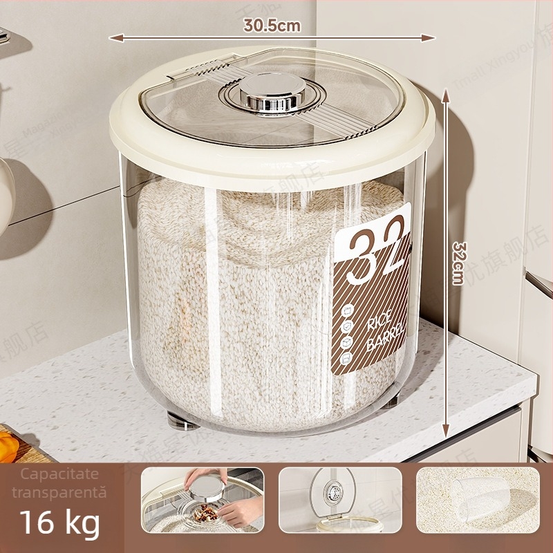 Cutie de depozitare pentru orez – etanșă, rezistentă la umezeală și dăunători, cu capacitate mare, rotundă din plastic PP
