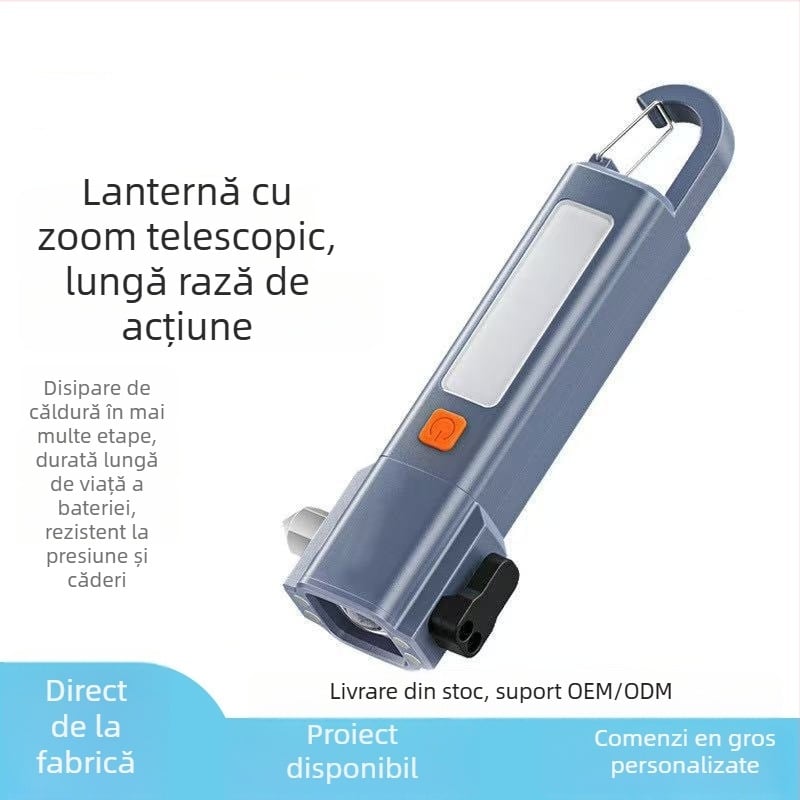 Fanar de mână cu cioc de siguranță auto și spargere a geamului, baterie 18650 1200 mAh, 200 lm, IP56, încărcare 2–3 ore