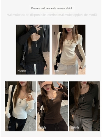 Tricou slim-fit cu mâneci lungi, guler rotund, culoare solidă, material poliester-spandex cu finisaj periat