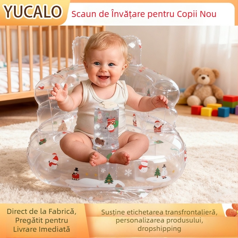 Fotoliu gonflabil din PVC pentru copii: canapea mică transparentă pentru învățarea șezutului și a statului în picioare, 0–3 ani, interior/exterior.