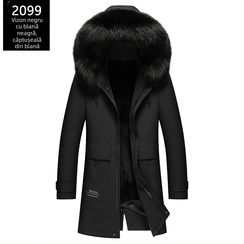 Enos Boni Palto bărbătesc din blană Rex de iepure, cu guler mare din blană vulpe, fermoar frontal, căptușeală rezistentă la apă