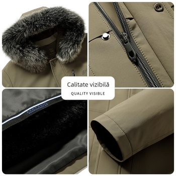Palton parka masculin, lungime medie, iarnă, cu căptușeală detașabilă din blană de iepure și guler din blană de vulpe