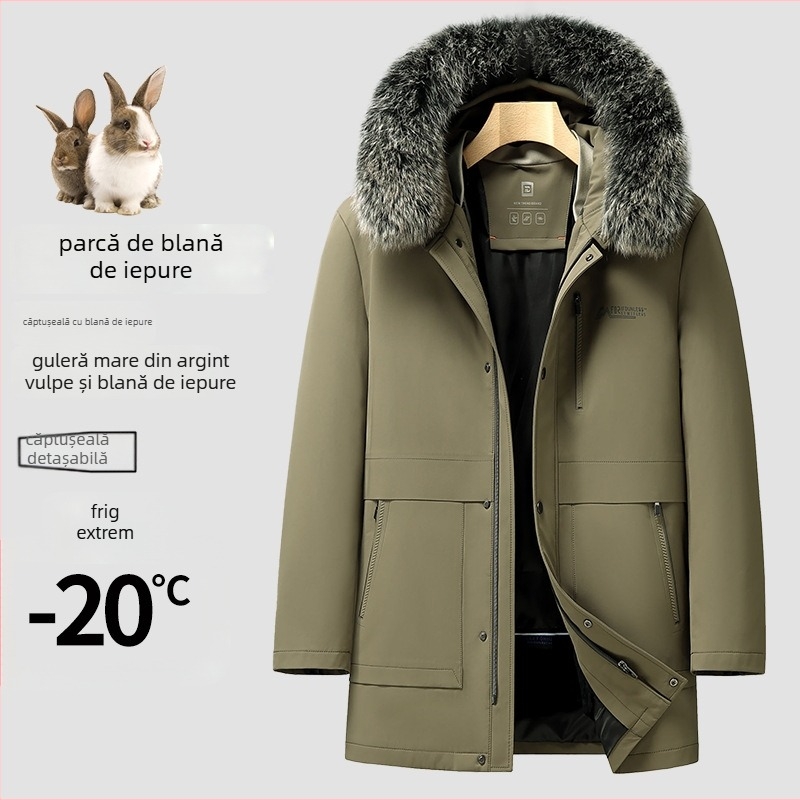 Palton parka masculin, lungime medie, iarnă, cu căptușeală detașabilă din blană de iepure și guler din blană de vulpe