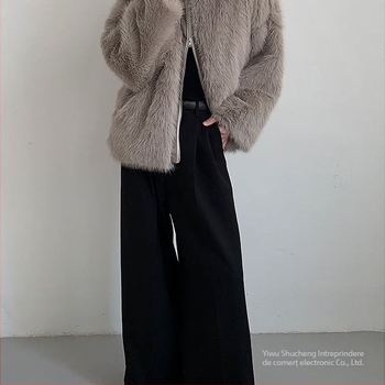 Palton bărbătesc din blană artificială, guler înalt, fermoar, croială lejeră