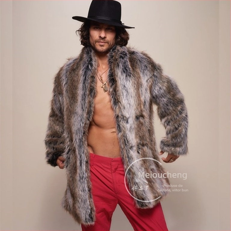 Palton masculin din blană artificială cu imprimeu leopard, rever, model jacquard