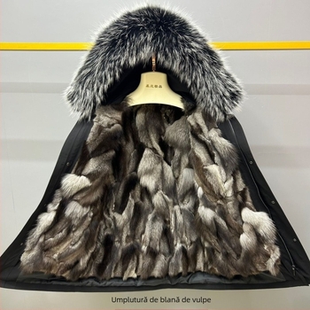 Palton de iarnă pentru bărbați, cu căptușeală din blană de vulpe naturală, glugă detașabilă, închidere cu fermoar, lungime medie