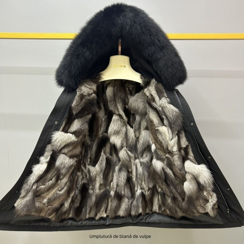Palton de iarnă pentru bărbați, cu căptușeală din blană de vulpe naturală, glugă detașabilă, închidere cu fermoar, lungime medie