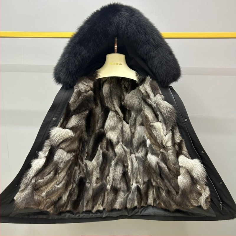 Palton de iarnă pentru bărbați, cu căptușeală din blană de vulpe naturală, glugă detașabilă, închidere cu fermoar, lungime medie