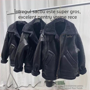 Jachetă moto suede de iarnă cu blană reală și lână de miel, croială lejeră, guler înalt, nasturi dublu rând, buzunare patch