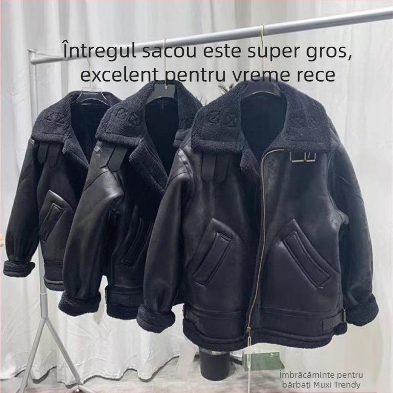 Jachetă moto suede de iarnă cu blană reală și lână de miel, croială lejeră, guler înalt, nasturi dublu rând, buzunare patch