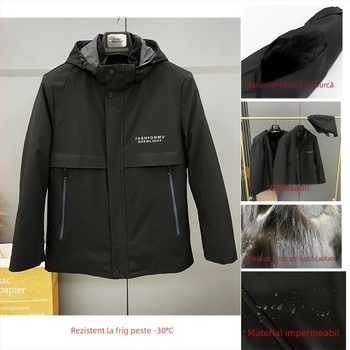 Geacă din blană de vulpe pentru bărbați, cu căptușeală detașabilă, glugă, fermoar, croială slim