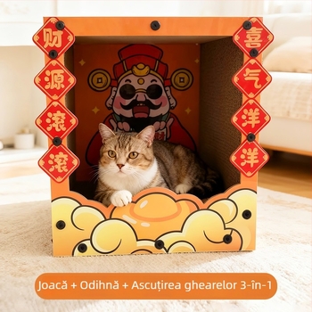 Plăcuță de zgâriere pentru pisici – All-in-One: cadru de cățărare și cuib, stil desen animat, Model MZB1201, Brand Cute and Pet, Materiale: blat dens și hârtie ondulată, Ambalare: 1 buc.