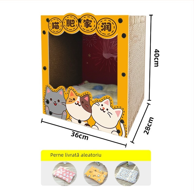 Plăcuță de zgâriere pentru pisici – All-in-One: cadru de cățărare și cuib, stil desen animat, Model MZB1201, Brand Cute and Pet, Materiale: blat dens și hârtie ondulată, Ambalare: 1 buc.