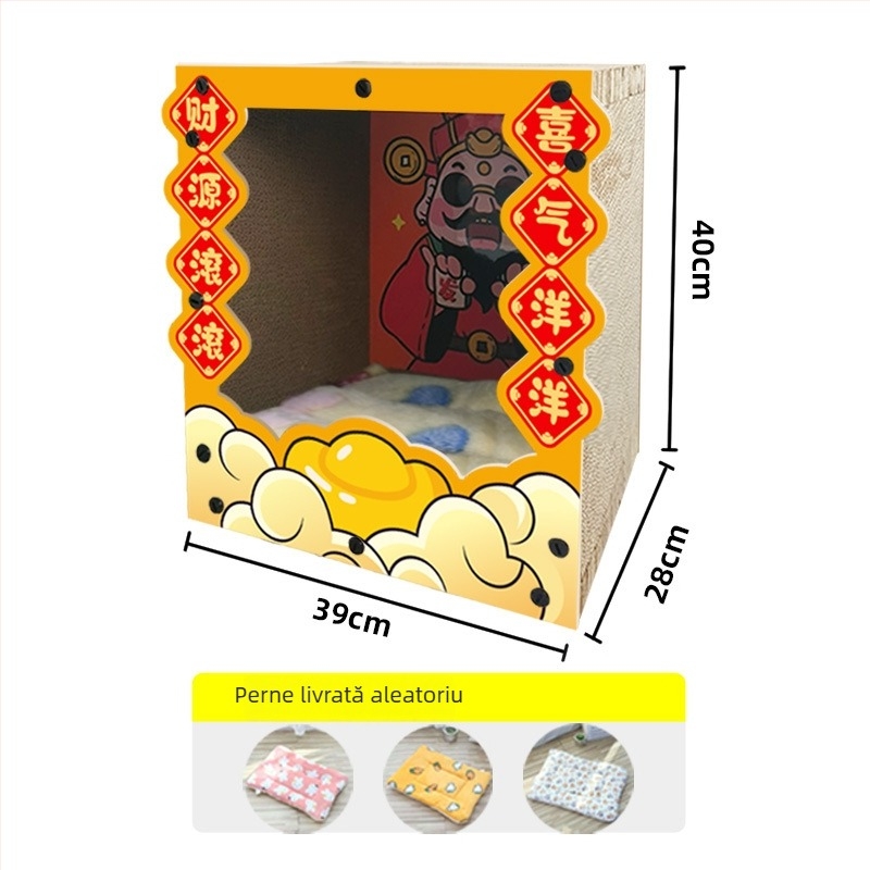 Plăcuță de zgâriere pentru pisici – All-in-One: cadru de cățărare și cuib, stil desen animat, Model MZB1201, Brand Cute and Pet, Materiale: blat dens și hârtie ondulată, Ambalare: 1 buc.