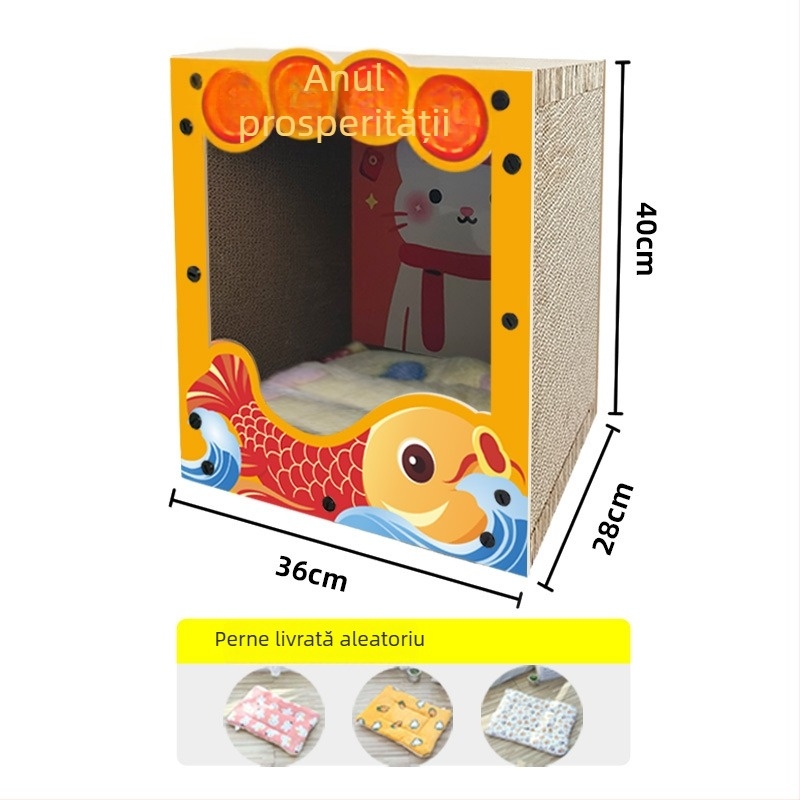 Plăcuță de zgâriere pentru pisici – All-in-One: cadru de cățărare și cuib, stil desen animat, Model MZB1201, Brand Cute and Pet, Materiale: blat dens și hârtie ondulată, Ambalare: 1 buc.