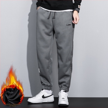 Pantaloni sport casual tricot, căptușiți cu fleece, croială liberă, poliester stretch