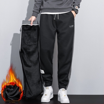 Pantaloni sport casual tricot, căptușiți cu fleece, croială liberă, poliester stretch