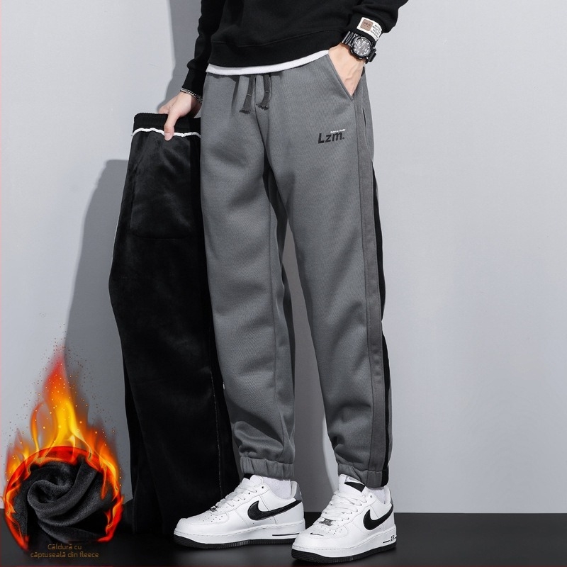 Pantaloni sport casual tricot, căptușiți cu fleece, croială liberă, poliester stretch