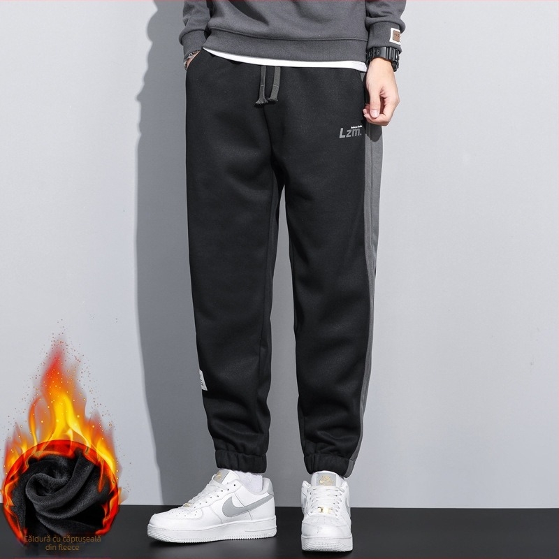 Pantaloni sport casual tricot, căptușiți cu fleece, croială liberă, poliester stretch
