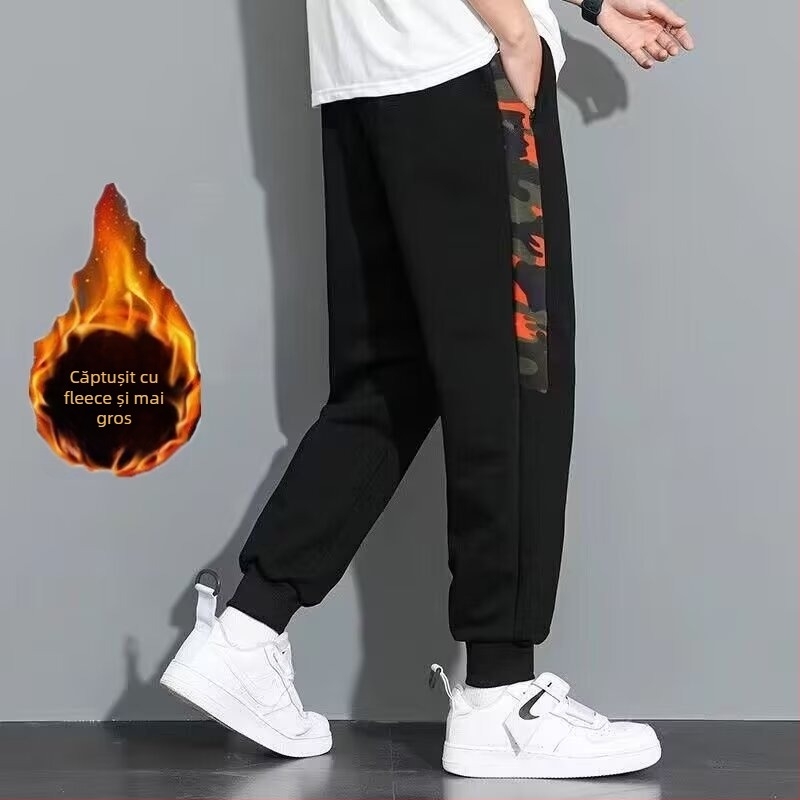 Pantaloni de trening camuflați pentru bărbați, croială lejeră, manșete înguste, fermoar dublu, poliester