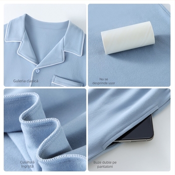 Set de pijamale bărbătești cu fleece periat, top cu mâneci lungi și pantaloni, guler tip rever, 90–95% poliester, 201–250 g/m², pentru iarnă, toamnă și primăvară, stil luxos