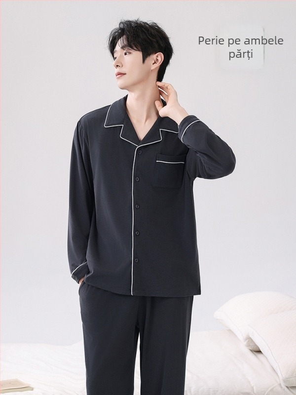 Set de pijamale bărbătești cu fleece periat, top cu mâneci lungi și pantaloni, guler tip rever, 90–95% poliester, 201–250 g/m², pentru iarnă, toamnă și primăvară, stil luxos