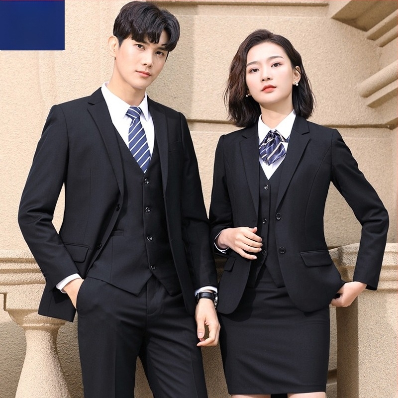 Costum unisex de afaceri, croi Slim, guler stand, țesătură din amestec de bumbac