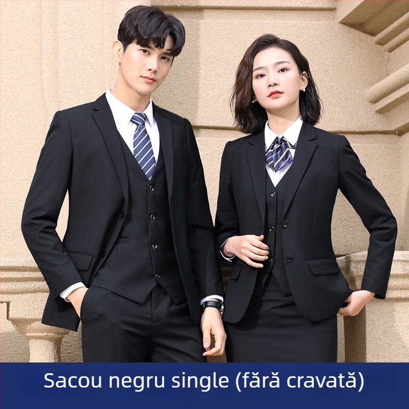 Costum unisex de afaceri, croi Slim, guler stand, țesătură din amestec de bumbac