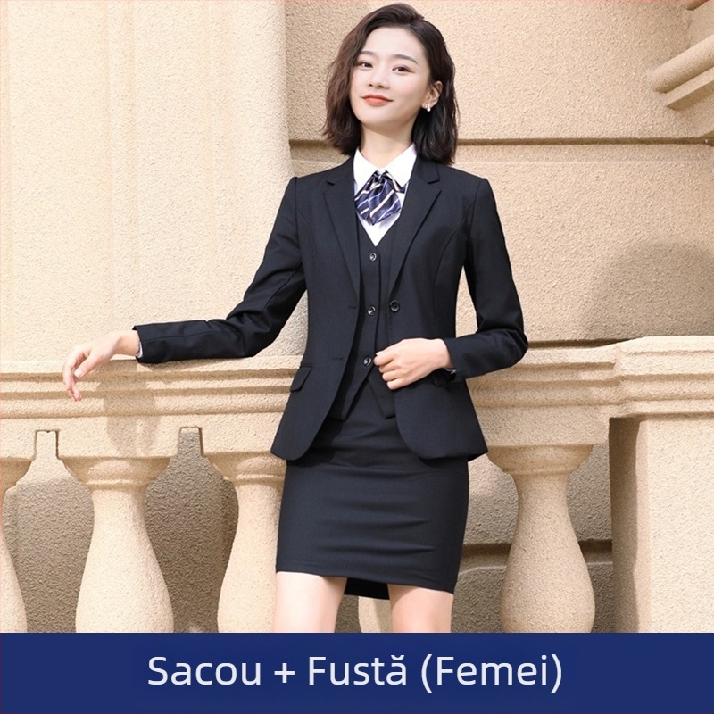 Costum unisex de afaceri, croi Slim, guler stand, țesătură din amestec de bumbac