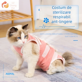Îmbrăcăminte pentru pisici după sterilizare – tricou din bumbac respirabil pentru animale de companie, cu prindere triplă: pulover elastic, curea pe spate, Velcro la coadă; protejează împotriva infecției, linsului și fluxului de lapte; confortabil, aderent