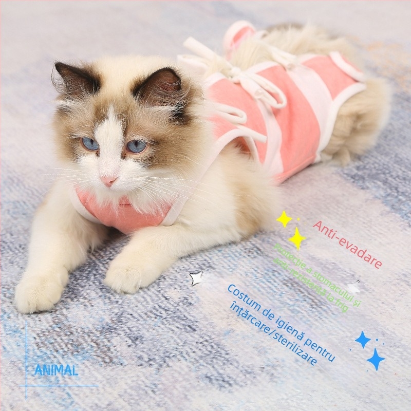 Îmbrăcăminte pentru pisici după sterilizare – tricou din bumbac respirabil pentru animale de companie, cu prindere triplă: pulover elastic, curea pe spate, Velcro la coadă; protejează împotriva infecției, linsului și fluxului de lapte; confortabil, aderent