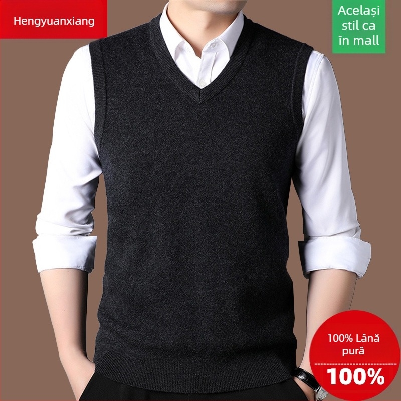 Vesta bărbătească din lână 100%, guler în V, groasă, fără mâneci, fermoar