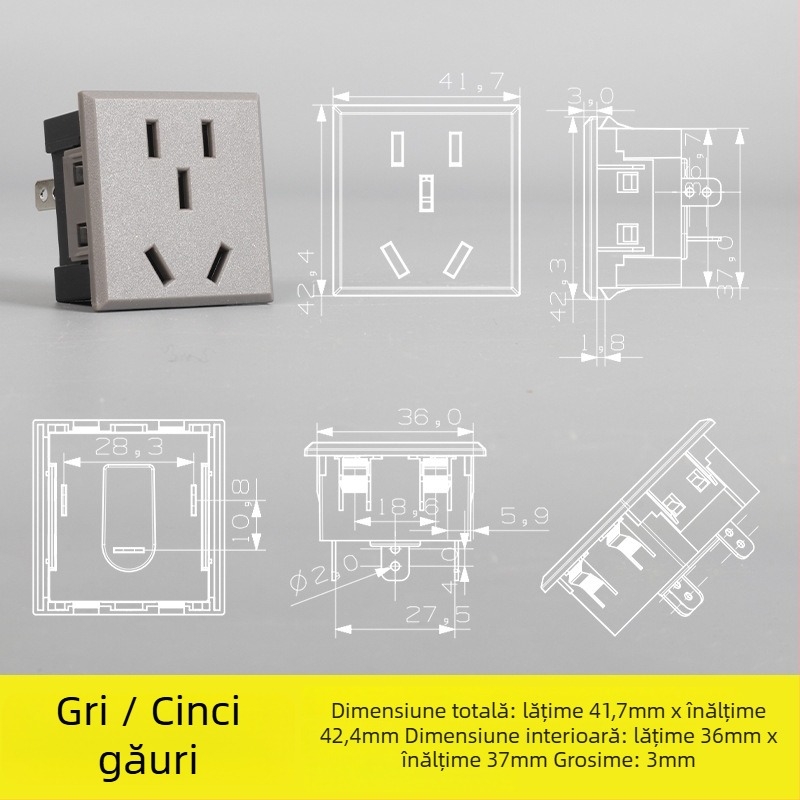 Secvenționator de alimentare – modul prize pentru birou cu prize cu cinci găuri și trei găuri, întrerupător AC încorporat